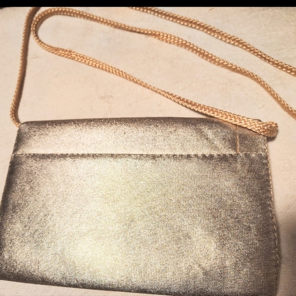 Metallic Gold Purse, Snap Shut And Open Compartment With Pocket, Strap - Picture 2 of 7